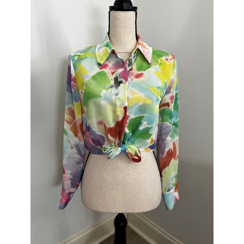 Zara Colorful Floral Blouse XS Watercolor Tie Front Button Down Boho Artsy 70s